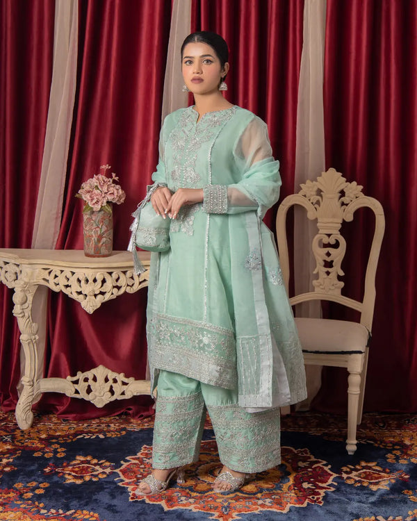 Teal - Sea Green Kameez Shalwar Embroidered 3PC